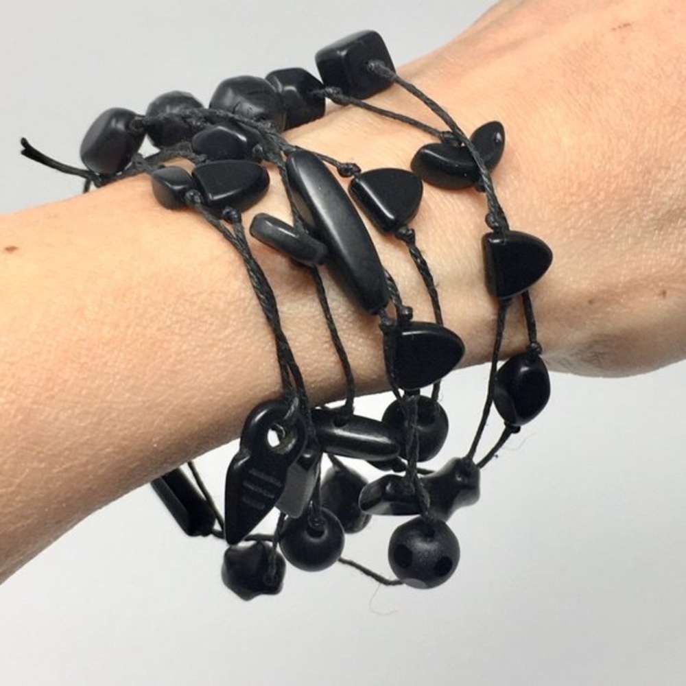Handmade Vintage Matte Black Double Strand Glass Bead Bracelet Necklace